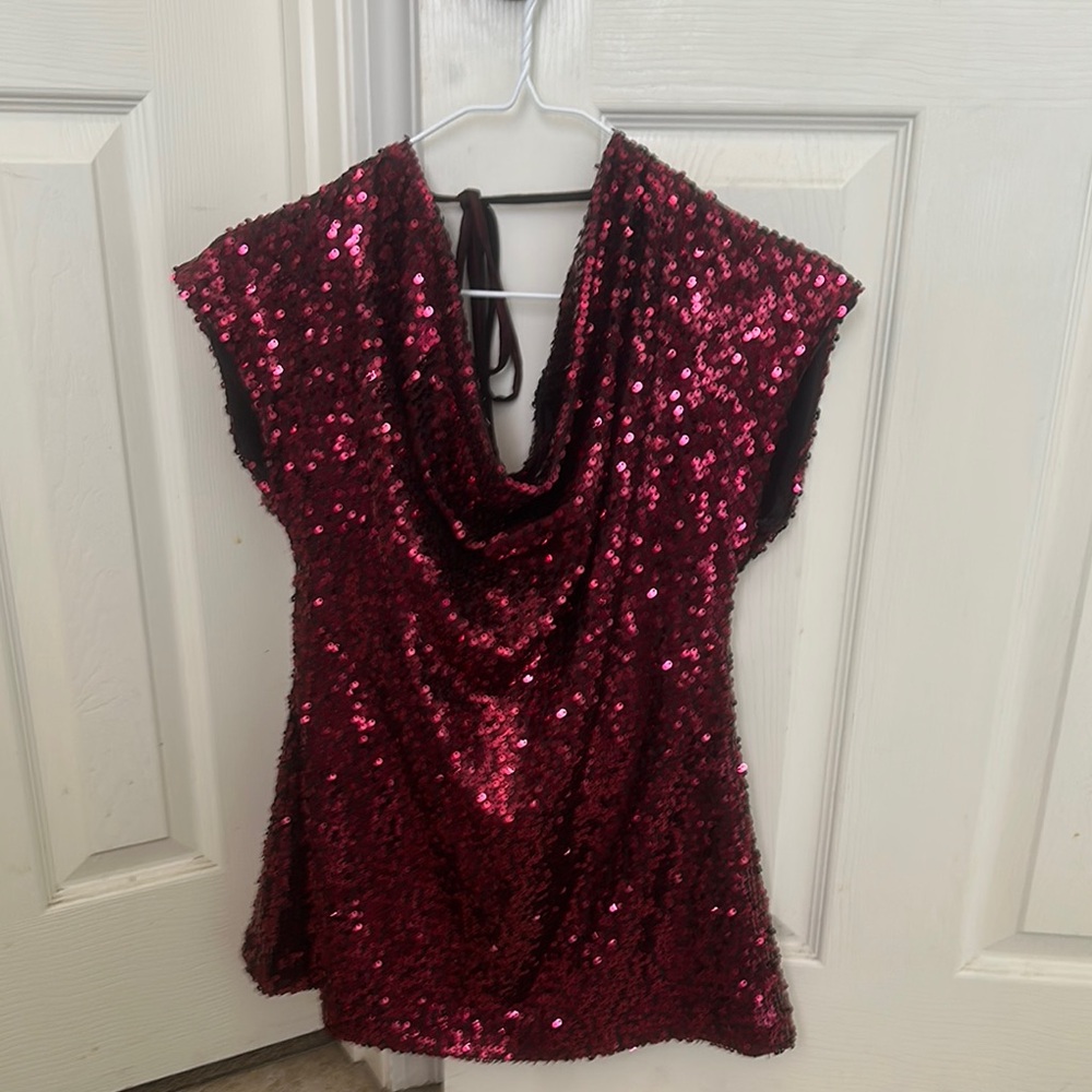 Sequin Drape Neck Top - maroon